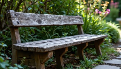 Naklejka premium Wooden benches, weathered and worn with age, offer a place to rest and take in the sights and sounds of the secluded garden.