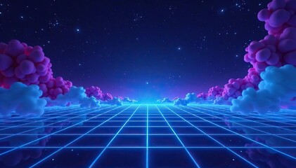 Synthwave vaporwave retrowave cyber background with copy space, laser grid, starry sky, blue and purple glows, smoke, particles,  wallpaper,  poster