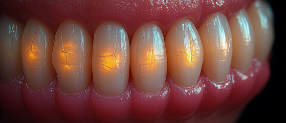 Cracked teeth with glowing effects create a striking visual in dental art