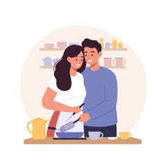 Couple Cooking Together in Flat Design Style Vector Art