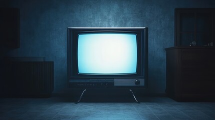 Vintage television set glowing in a dimly lit room, casting a nostalgic ambiance with dark furniture surrounding it