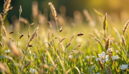 The sound of buzzing insects and rustling grasses fills the air, creating a symphony of nature's own making that resonates throughout the meadow.