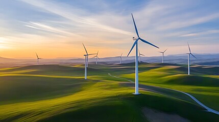 A scenic wind farm at sunrise with towering turbines producing clean, renewable energy, representing sustainable development and the transition to green power solutions.