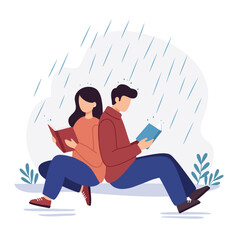 Couple reading books together in rain with flat design vector art