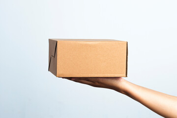 Woman hand hold the brown corrugated box on white background. Young woman hand holding small brown...