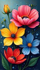 Textured painting of large colorful flowers with thick brushstrokes,  artistic,  brushstrokes