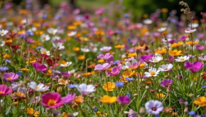 Obraz premium The colorful array of wildflowers swaying in the breeze adds a vibrant and cheerful backdrop to the peaceful setting.