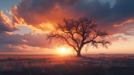 Silhouetted tree against a vibrant sunset sky with dramatic clouds.