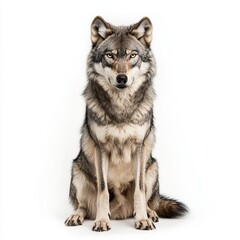 Bold wolf with thick gray fur sits confidently, staring directly at the camera against a white backdrop