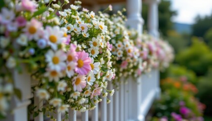 Obraz premium Intricate garlands of daisies and baby's breath hang from the railings, swaying gently in the soft breeze.