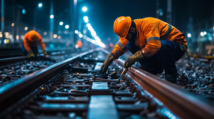 Railroad workers inspecting tracks at night with safety gear and lights in the background on the railway