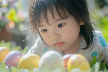 Cute child smiling on grass during colorful Easter egg hunt game with friends in spring holiday celebration, generative ai