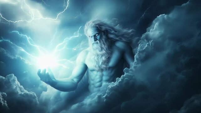 Majestic thunder god summoning storms and dark clouds in a dramatic sky landscape

