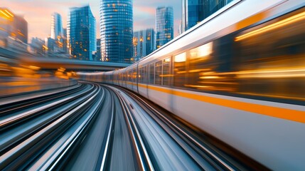Train Rushing Past in the Evening with Blurred Motion and City Lights Reflecting on Windows