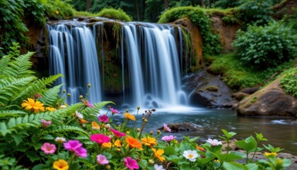 Obraz premium Lush ferns and vibrant wildflowers line the edges of the waterfall, adding a pop of color to the serene green landscape.