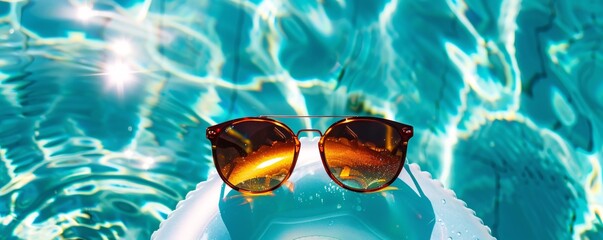 Sunglasses floating on an inflatable ring in a sparkling blue pool on a sunny summer day
