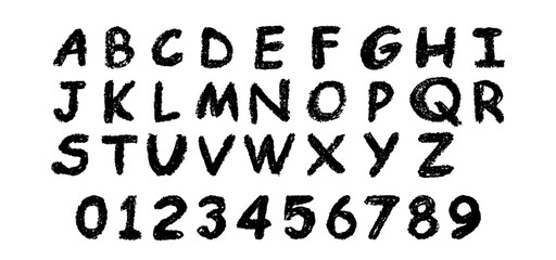 English alphabet and numbers 0-9, hand-drawn in a black wax crayon or chalk style on a board. Highlighter effect, perfect for kindergarten drawing, learning, and creative design. Vector illustration