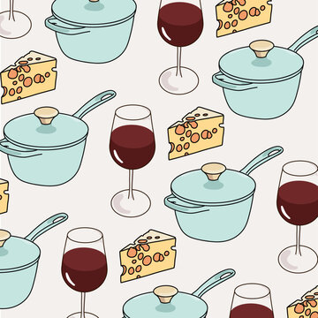 Pastel Wine Glass, Cooking Pot and Cheese Pattern Illustration