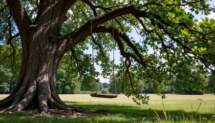 The tree is tall and sturdy, with thick branches extending outwards, providing the perfect spot for a swing to hang from.