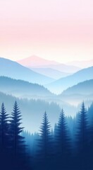 Obraz premium Beautiful misty morning landscape with a foggy forest, mountains, and sky background, phone wallpaper