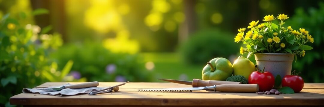 Tranquil garden setup with neatly arranged tools on wooden table, illuminated by sunlight,  sunlight,  wooden table