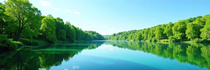 Tranquil lake reflecting lush green trees under clear blue sky,  outdoor,  summer
