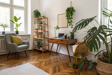 Modern home office with green plants and mid-century furniture in bright, minimalist room