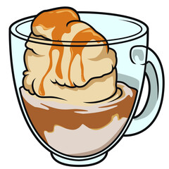 Affogato mit Vanilleeis und frischem Espresso in einer Glastasse serviert, verführerisch und isoliert auf weißem Hintergrund.