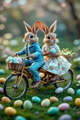 Easter celebration brings joy as rabbits share a bicycle ride surrounded by colorful eggs in a whimsical garden