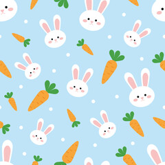 Seamless pattern with cute white Easter bunnies and carrots