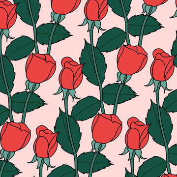 Red Roses Floral Blossoms and Green Leaves on a Pink Background. Botanical Seamless Pattern Vector Illustration for Romantic Valentines, Wedding, Greeting Card Backdrop