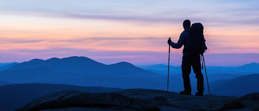 A lone hiker silhouetted against a breathtaking sunset over a vast mountain range  The peaceful scene evokes a sense of