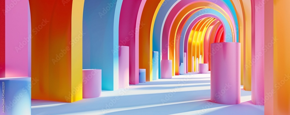 Aufkleber vibrant 3d rendering of colorful arches and cylinders forming a tunnel with sunlight effect