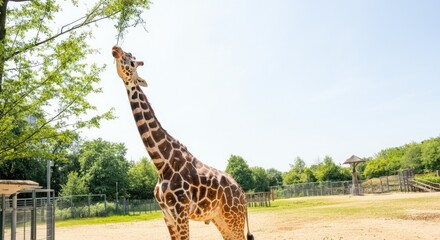 Giraffe reaches high to eat leaves from tree in its enclosure on sunny day