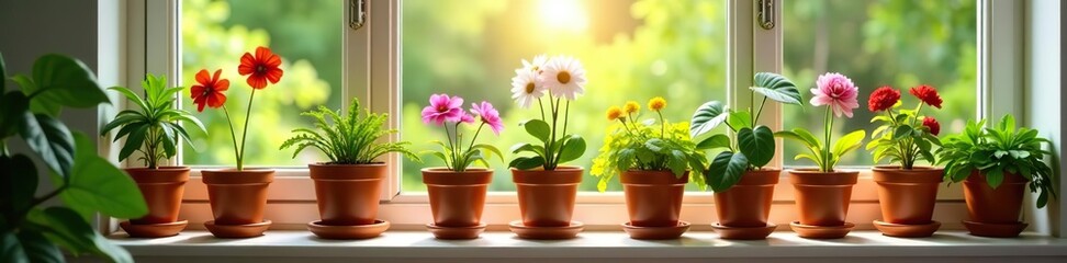 Various colorful blooming potted plants lining a sunny windowsill indoors,  interior design,  lush