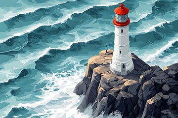 An isometric lighthouse on a cliff with waves crashing below, creating a dramatic and isolated scene that captures the raw power of the sea