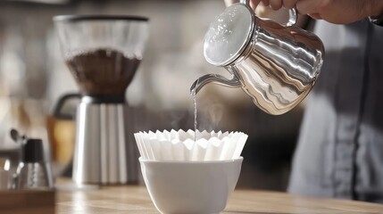 Barista skillfully brews fresh coffee by pouring hot water into filter in cozy cafe ambiance