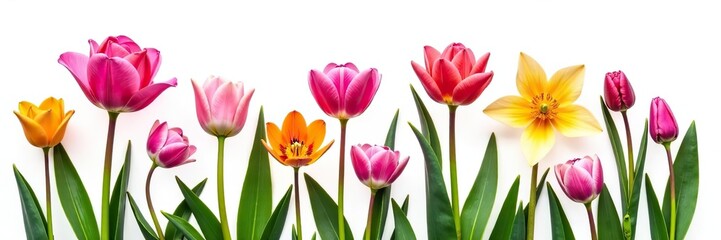 Fototapeta premium Various garden flowers including rose, tulip, orchid, Espatifilo, bells flowers, Bellis perennis, bulb flowers on white background, Bellis perennis, Espatifilo