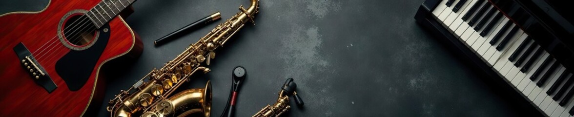 Obraz premium Various musical instruments including guitar, piano, and saxophone arranged on a textured background with ample copy space, harmony, concert