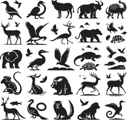 Fototapeta premium A set of animal silhouettes and icons including horse, elephant, bear, dog, cat, tiger, lion, deer, goat, cow, bird, giraffe, pig, and other mammals