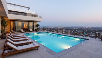 The rooftop pool's elevated position allows guests to take in the breathtaking views of the city lights below from a peaceful and exclusive setting.