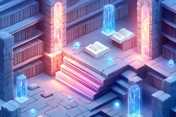 An isometric magical library with floating books and enchanted scrolls, creating a scene of endless knowledge and mystical learning