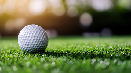 Obraz premium golf ball rests on vibrant green grass, illuminated by warm sunlight, creating serene and focused atmosphere perfect for day on course