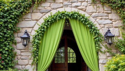 The verdant drapery softens the hard lines of the stone arch, adding a touch of whimsy.