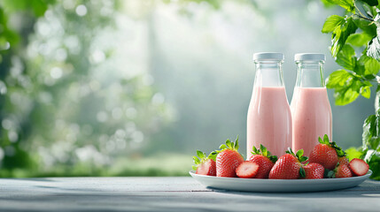 Two glass bottles filled with strawberry smoothie are placed on plate surrounded by fresh strawberries, set against blurred natural background with lush greenery