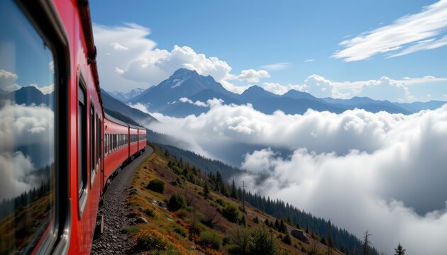 Peaks disappear into the clouds, only to reappear in all their majesty as the train continues its journey higher into the mountains.