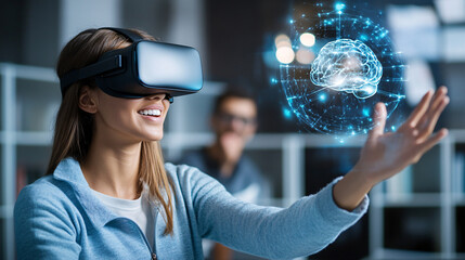 woman wearing virtual reality headset interacts with digital brain hologram, showcasing integration of technology and neuroscience in modern office setting