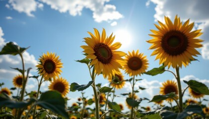 The sunflowers sway gently in the breeze, their large heads following the path of the sun across the sky.