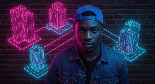 A man wearing a cap with holographic buildings floating around him in a futuristic setting at night time