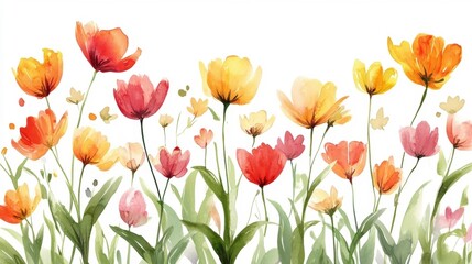 Naklejka premium Watercolor Floral Illustration with Spring Flowers, Greenery and Butterflies on White
